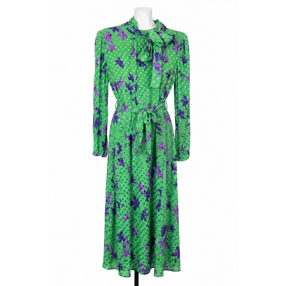 Robert Janan Designed by Eva Vintage 100% Silk Green Floral Belt Bow Dress 16
